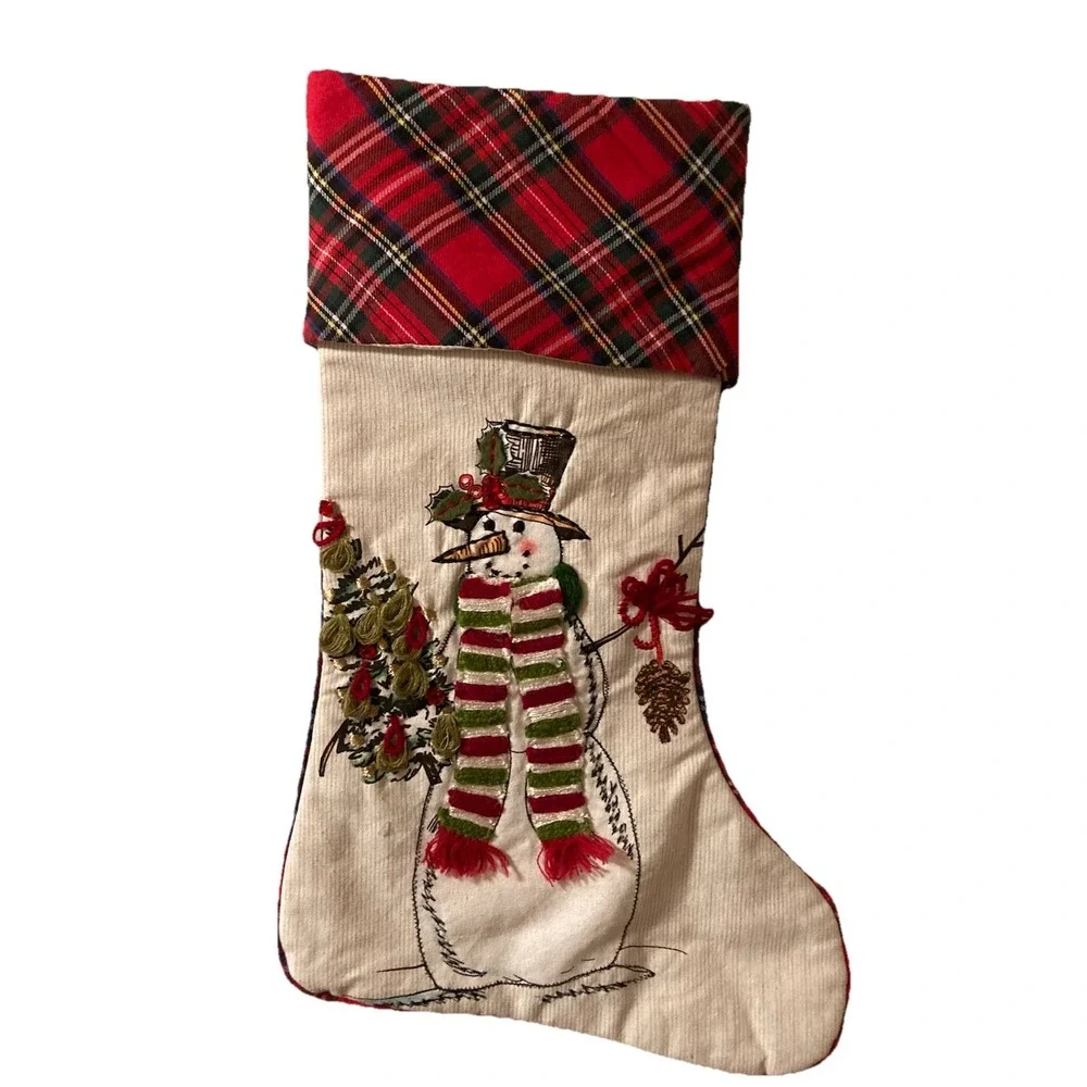 Pier 1 Snowman Stocking Appliqué Christmas Plaid Cuff 3D Embroidered Beaded‎